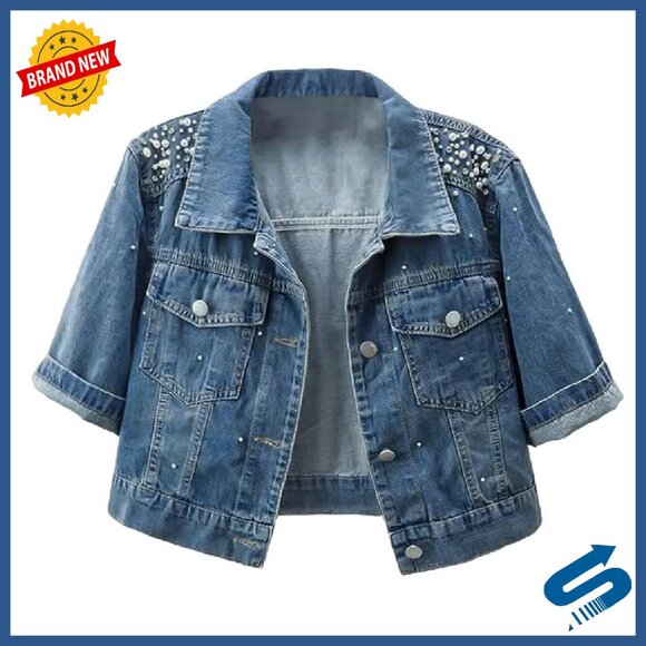 Cropped Denim Jacket with Pearls Rhinestones 3/4 Sleeve Slim Fit
